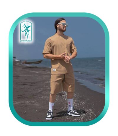 ست لباس مردانه تی شرت و شلوارک مراکشی خطی طرحدار کرم