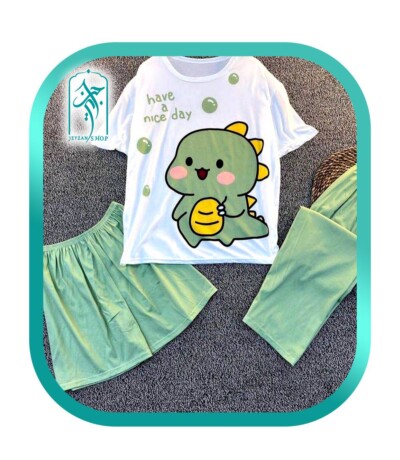 لباس ست سه تکه راحتی دخترانه طرح دایناسور have a nice day مدل 059