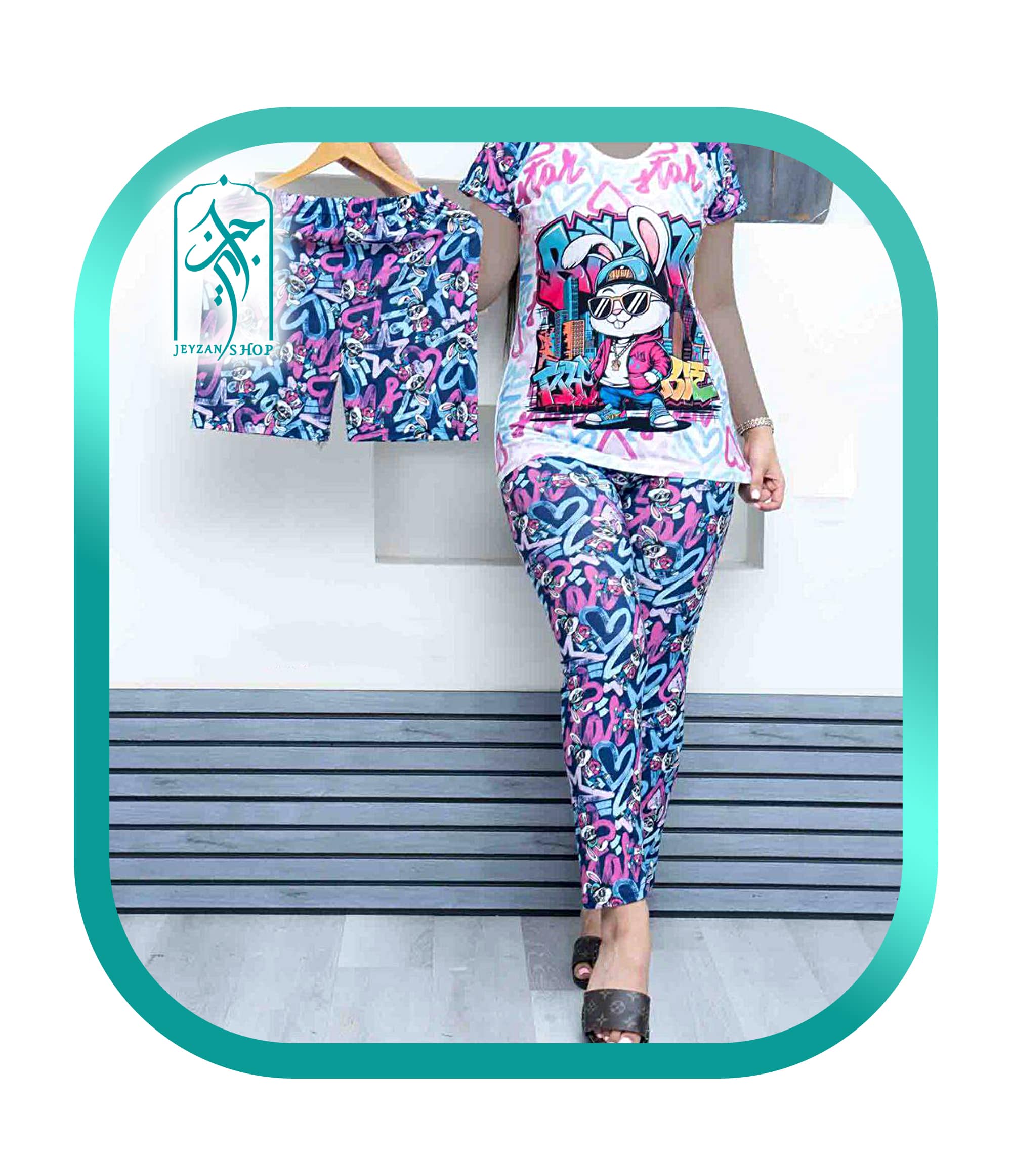 لباس راحتی ۳ تکه دخترانه طرح خرگوش بنفش آبی مدل 042