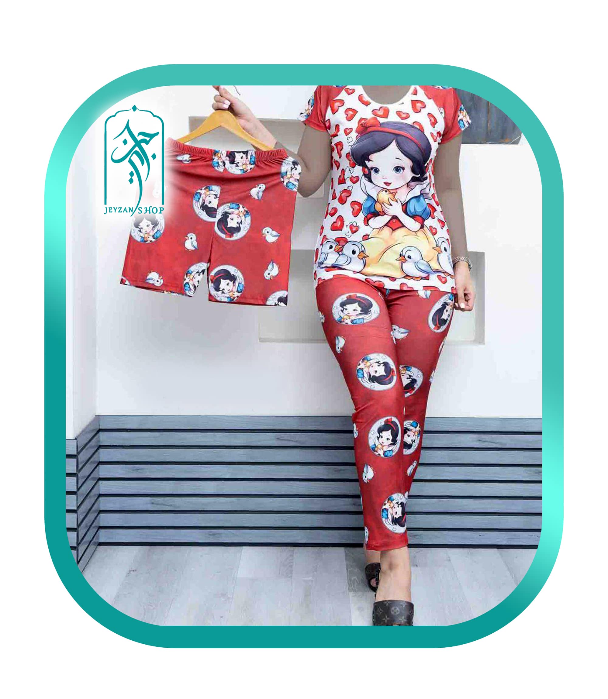 لباس ست 3 تکه راحتی دخترانه طرح سفید برفی قلبی کد 032