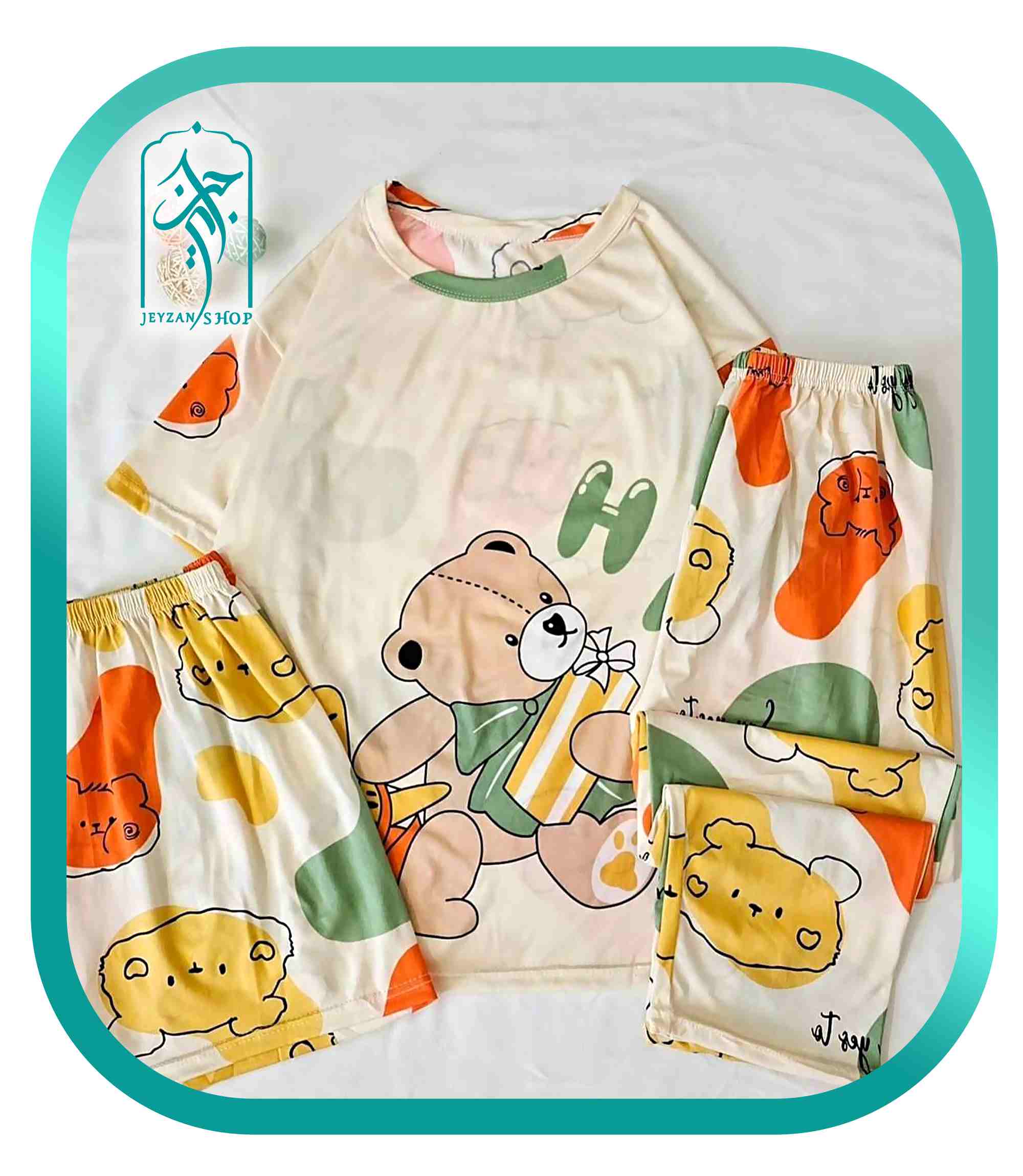 لباس راحتی دخترانه ست 3 تکه طرح خرسی رنگی
