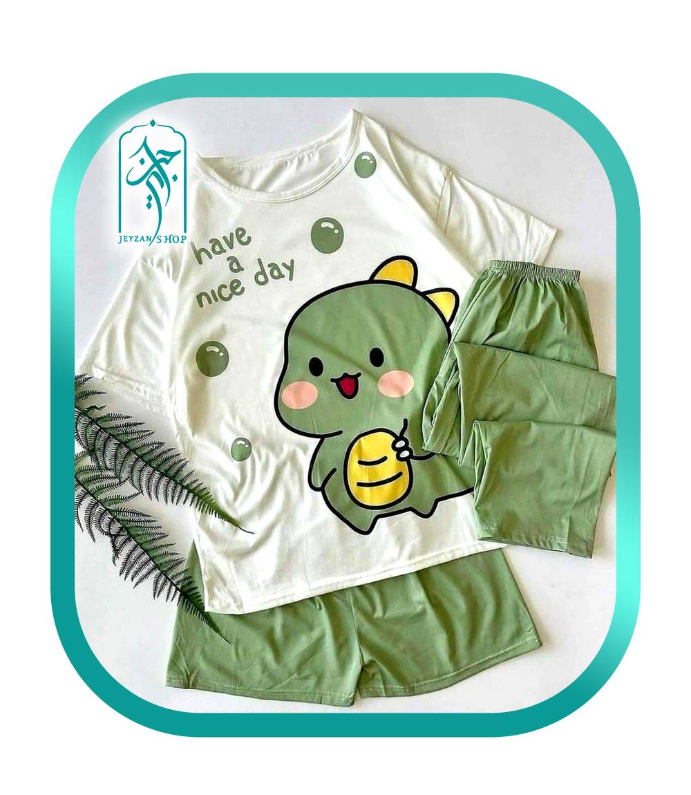 لباس ست سه تکه راحتی دخترانه طرح دایناسور have a nice day مدل 059