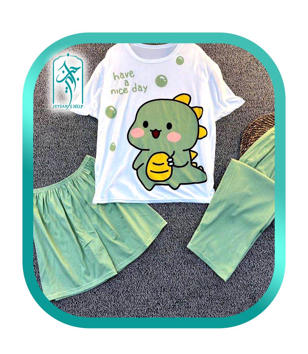 لباس ست سه تکه راحتی دخترانه طرح دایناسور have a nice day مدل 059