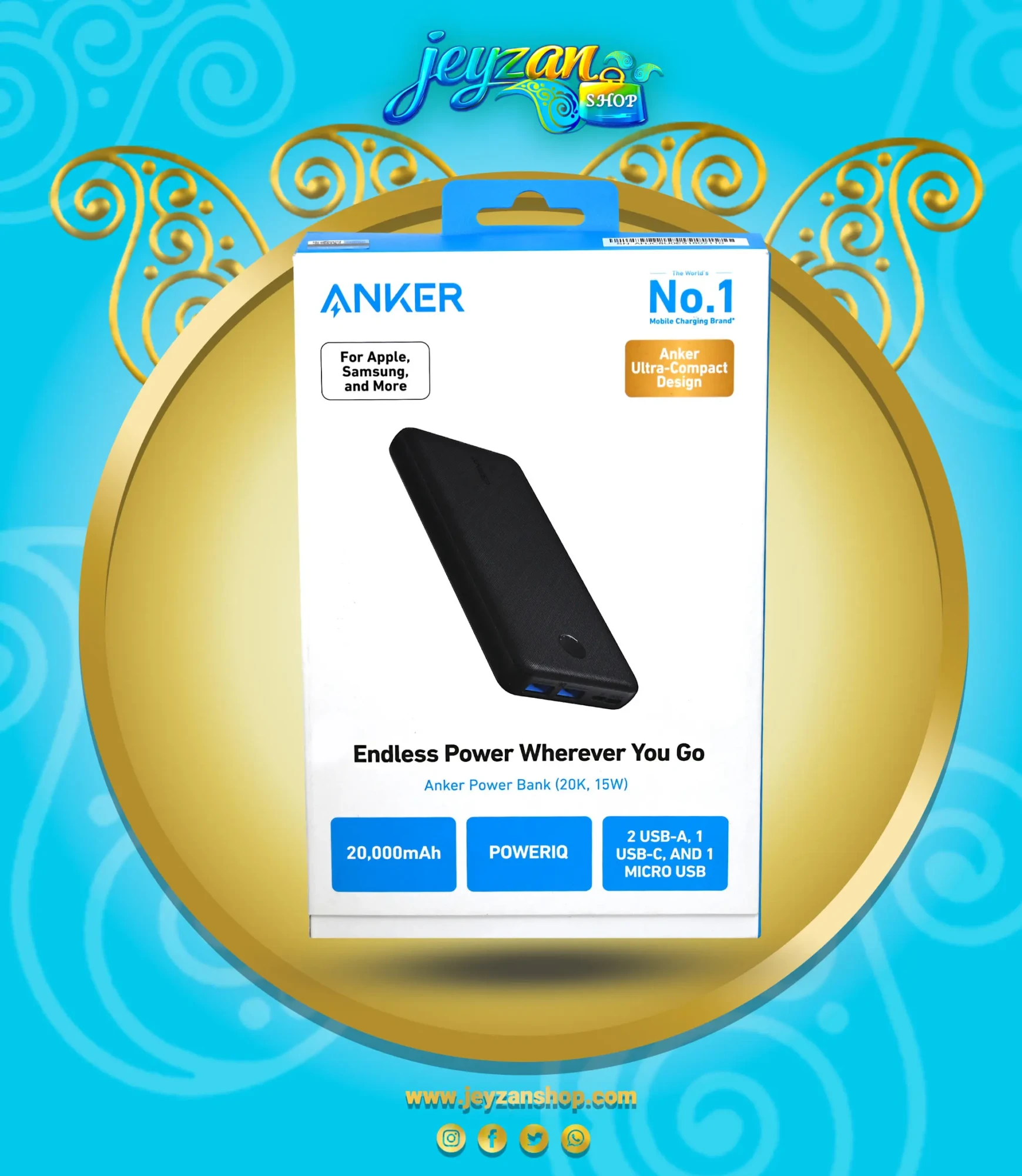 پاوربانک 20000 فست شارژ انکر مدل A1268H13 آی کیو دار